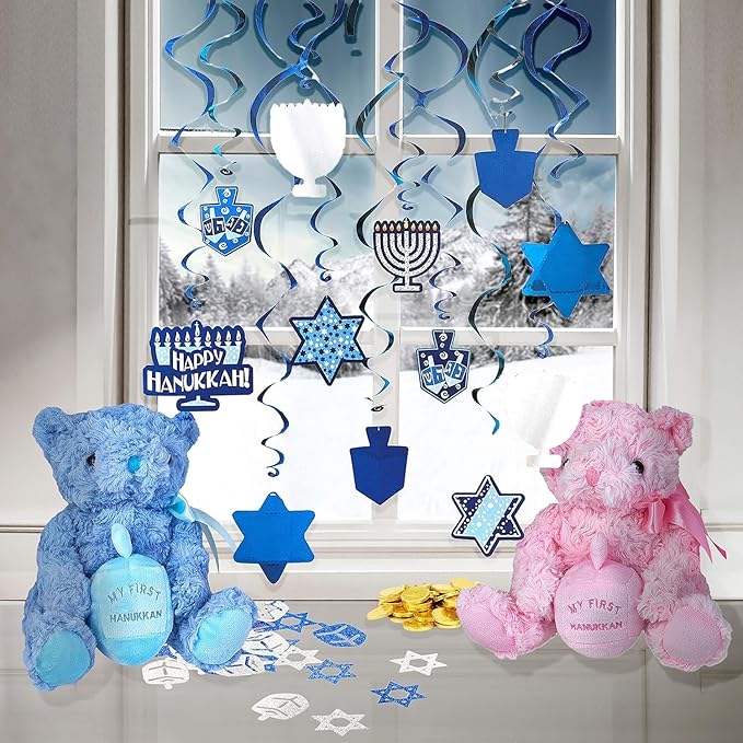 The Dreidel Company Hanukkah Swirl Decorations, Includes 12 Swirls with Foil Hanukkah Cutouts 24" and Swirls Alone Hang 18" Long (4-Pack)