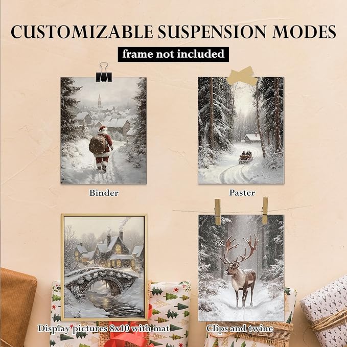 DOFQZ Winter Christmas Wall Art Prints Set of 4, Farmhouse Christmas Decor, Rustic Winter Santa Reindeer Forest Village Landscape Posters for Home Bedroom Living Room Decor, 8x10 Unframed