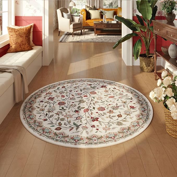 Rugcomf Vintage Paisley Round Rug 4ft - Machine Washable Area Rug, Non-Slip Low Pile Floral Carpet for Entryway, Living Room, Bedroom, Dining Room, Kids, Bathroom, Office - Beige