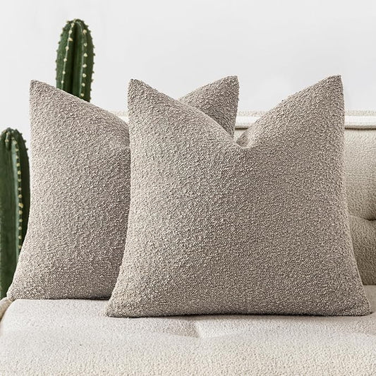 Woaboy Pack of 2 18x18 Inch Decorative Boucle Throw Pillow Covers Textured Square Pillowcaes Accent Solid Cozy Soft Cushion Covers Home Decor for Sofa Couch Living Room Home Decor,Light Brown