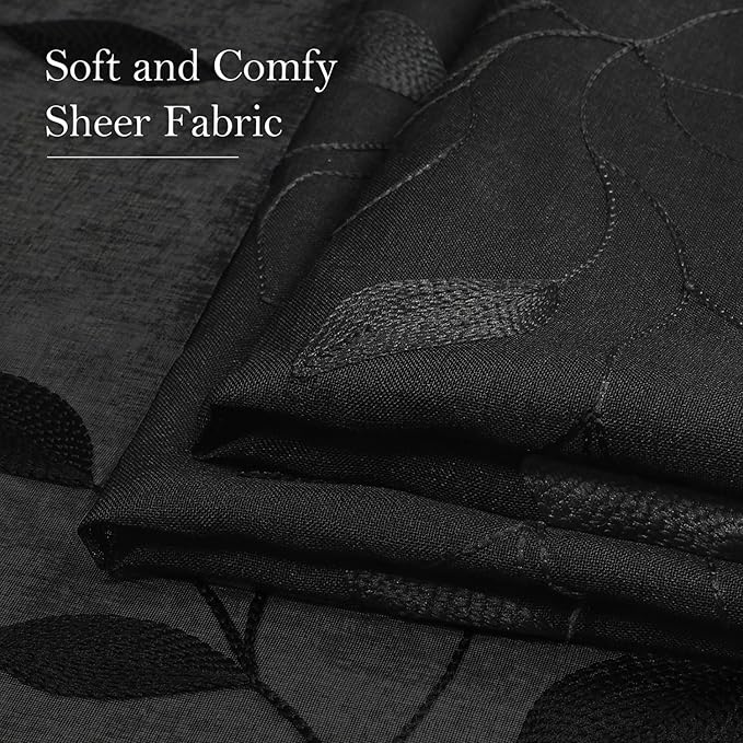 HOMEIDEAS Black Sheer Curtains 52 X 63 Inches Length 2 Panels Black Embroidered Leaf Pattern Gothic Faux Linen Floral Semi Sheer Voile Window Curtains/Drapes for Bedroom Living Room