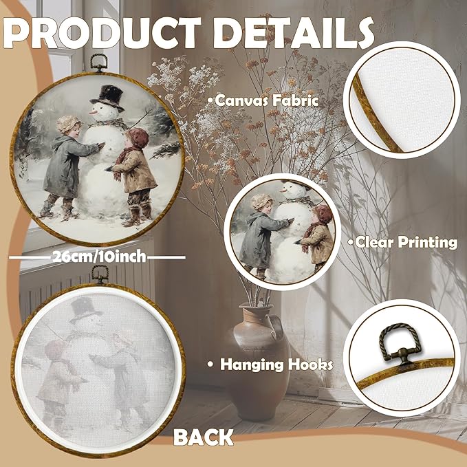 CUANFDDSF Vintage Christmas Snowman Round Wall Art, Rustic Winter Kids Snowman Framed Hanging Wall Decor, Cozy Winter Canvas Prints Decorations for Gallery Home Bedroom Living Room, 10x10 Inch