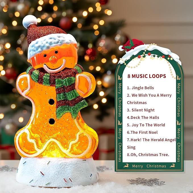 10.1" Christmas Snow Globe Water Lantern with Gingerbread Battery Operated or USB Powered Musical Lighted Holiday Decoration for Tabletop Display for Family and Friends