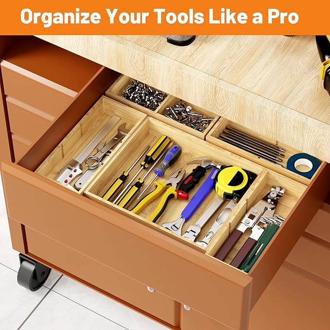 SpaceWhisper Bamboo Drawer Organizer, 10-Piece Drawer Divider with Removable Dividers for Organization and Storage, Multi-Use Stackable Storage Box & Utensil Holder for Kitchen, Office, Makeup & More