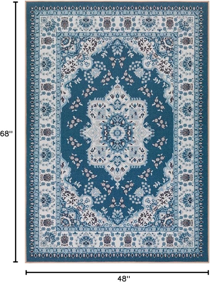 Antep Rugs Alfombras Oriental Traditional 4x6 Non-Skid (Non-Slip) Low Profile Pile Rubber Backing Indoor Area Rugs (Turquoise Blue, 4' x 5'8")