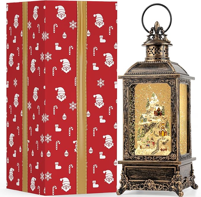 Christmas Village Snow Globe Lantern Musical Lighted Snowy Mountain Village Water Lantern with Swirling Glitter Decoration for Christmas Home, Living Room, Battery Operated or USB Powered