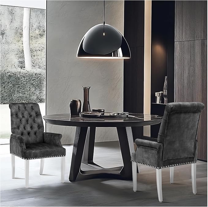 AODCHR Upholstered Velvet Accent Dining Chair, Elegant Tufted Dining Room Kitchen Room Arm Chair with Stainless Steel Leg, Dark Grey