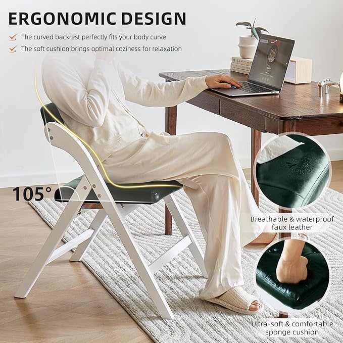 Padded Folding Chairs with Cushion, Stackable Wooden Foldable Chair Set of 2, Padded Folding Chairs with Cushion for Guests Kitchen, Office, Wedding, Picnic, Party Chair (White Green)