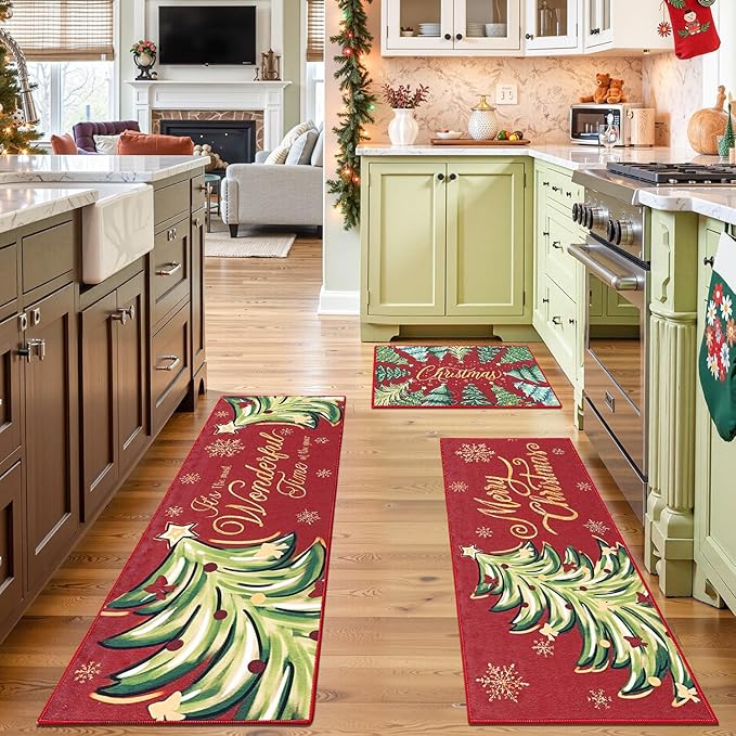 Yamaziot Christmas Kitchen Rugs Sets of 3, Non Slip Kitchen Mats for Floor with Rubber Backing, Holiday Christmas Trees Snowflake Runner Rug Decor Home Decorations for Kitchen, Laundry Room, Hallway