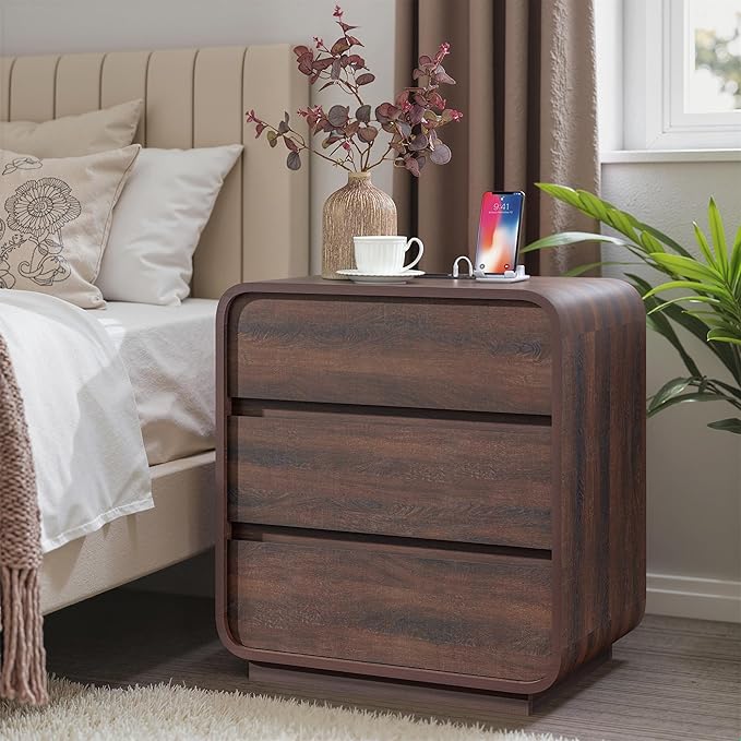 Modern Nightstand Set of 2, 23.2" Wide Wood Bedside Table with Charging Station, 3 Storage Drawers Side Table Curved Profile, Handleless, Large End Table Night Stand for Bedroom, Walnut 