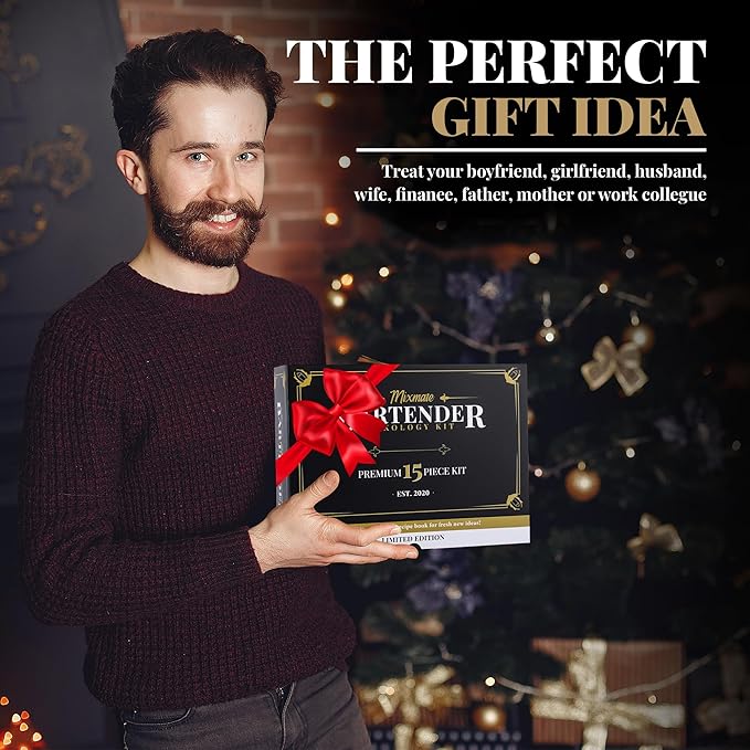 Mixology Bartender Kit with Stand - 15 Piece Bar Tool Set, Silver Bar Set Cocktail Shaker Set for Drink Mixing - Includes Martini Shaker, Jigger, Strainer, Bar Mixer Spoon, Tongs | Gift Idea (Natural)