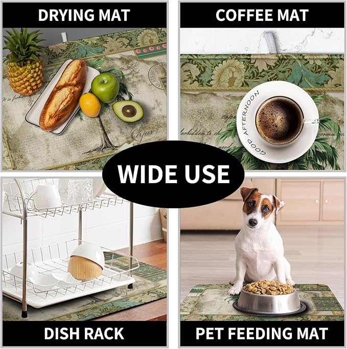 Palm Tree Kitchen Dish Drying Mat for Dishes 16x18 Inch Summer Vintage Tropical Leaves Green Jungle Plant Drying Mat Botanical Dish Drainer Mat Super Absorbent Dish Rack Pad for Coffee Bar Sinks