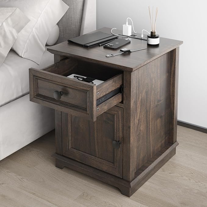 End Tables with Fast-Charge Sets, Side Tables with Drawers, Storage Side Tables Living Room, Adjustable Shelf, Bedroom Nightstands Set of 2, Rustic Brown