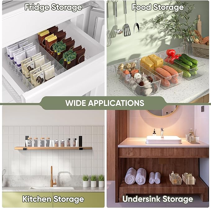 BALEINE Pantry Organizers and Storage Bins, Plastic Clear Storage Bins with 3 Removable Dividers, BPA-Free Fridge Organizers for Kitchen Cabinet Bathroom (10.5x6.1x3.5, 6PK)