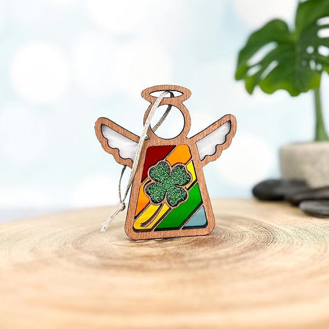 Rainbow Baby Ornament - Lucky Four Leaf Clover Suncatcher - Irish Blessing Decor - Angel Ornaments for Christmas Tree - 3.5" (H)