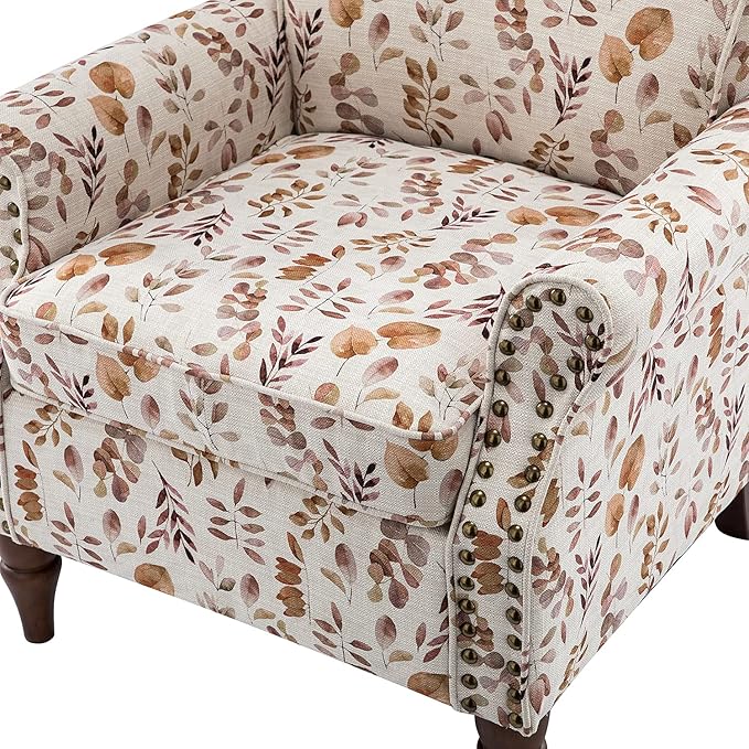 HULALA HOME Modern Wingback Accent Chair with Wood Legs & Removable Cushion, Comfy Upholstered Armchair with Nailhead Trim, Floral Pattern Single Sofa Chair for Living Room Bedroom, Yellow