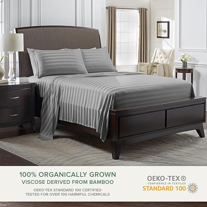 Queen Sheets by Pure Bamboo, Genuine 100% Organic Viscose Derived from Bamboo Bed Sheet Set, Luxuriously Soft & Cooling, Double Stitching, Lifetime Quality Promise (Queen, Jacquard Stone)