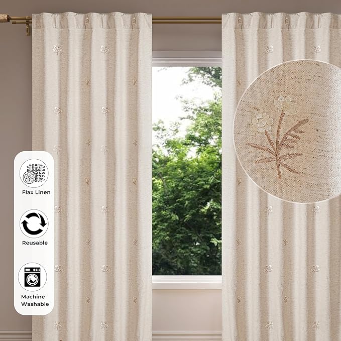 Bedding Craft Linen Drapes, Linen Room Darkening Curtain, Flax & Drapes, Natural Taupe 108 inch_Embroidered