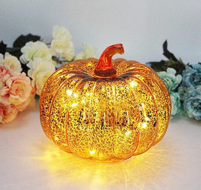 Mercury Glass Pumpkin Light with Timer, with 10 Fairy Lights Inside,Battery Operated Led Pumpkin Light,Ideal for Halloween Fall Decoration, Thanksgiving Rustic Decor, Xmas Decor (Gold)