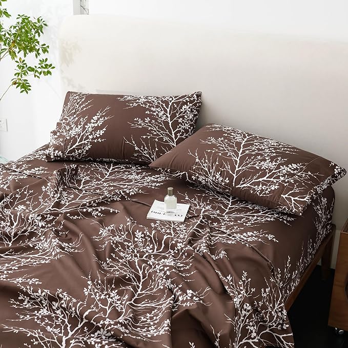 Spirit Linen home King Size Sheets Set - Pure Microfiber 4 Piece Polyester Bed Sheets, Fitted Sheet & Pillow Cases - King Sheets for All Seasons (Foliage Chocolate/White, King)