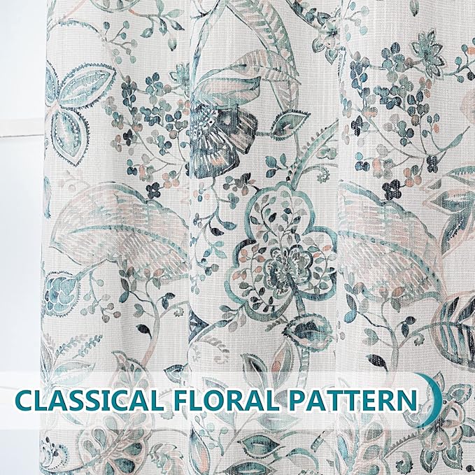 MYSKY HOME Floral Curtains Cotton Curtains 84 Inch Length Semi Sheer Curtains Light Filtering Curtains for Living Room Bedroom Floral Printing Window Treatment Grommet 2 Panels,Green