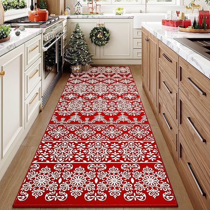 2x6 Runner Rug Red Christmas Hallway Carpet Xmas Holiday Decor Bedroom Carpet Snowflake Washable Non Slip Kitchen Mat Indoor Accent Rug Decorative Dining Room Laundry Room Living Room
