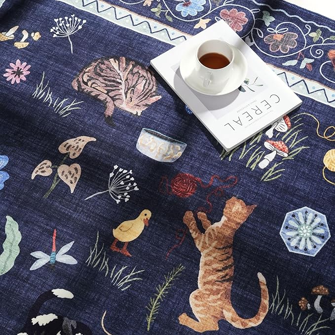 Rugcomf Living Room Rug 5x7 Rug Machine Washable Boho Area Rug Non Slip Floral Animal Cat Vintage Low Pile Large Rugs for Living Room Bedroom Farmhouse Dining Room Kids Playroom, Cobalt Blue