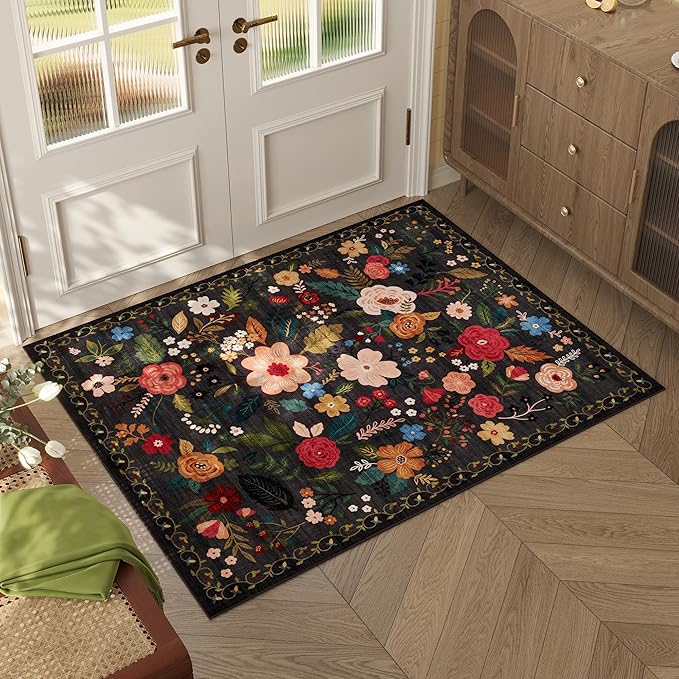 Rugcomf Door Mat Indoor Entrance 2x3 Rug Machine Washable Boho Floral Small Area Rug Non-Slip Low Pile Throw Rugs for Entryway, Kitchen, Front Door Indoor Entrance, Entry, Kids Room (Black)