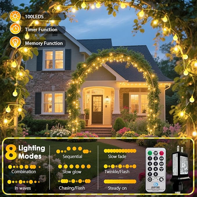 43FT 100LED Connectable Globe String Lights | 8 Modes Christmas String Lights Plug in with Remote | Warm White Mini Fairy Light for Indoor Outdoor Bedroom Wedding Party Garden Christmas Tree Decor