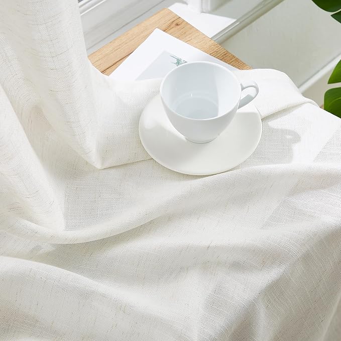 Treatmentex White Semi Sheer Curtains for Living Room 52 x 84 Long Flax Linen Blend Light Filtering Pricacy Window Drapery for Bedroom 2 Panels Rod Pocket