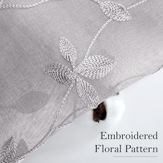 HOMEIDEAS Light Grey Sheer Curtains 52 X 84 Inches Length 2 Panels Embroidered Vine Floral Pattern Pocket Faux Linen Semi Sheer Voile Window Drapes for Bedroom Living Room
