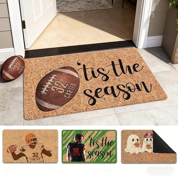 Custom Halloween Name Door Mat for Family, Personalized Halloween Decor Indoor, Custom Football Pattern Door Mat, Halloween Decor Gifts Customized