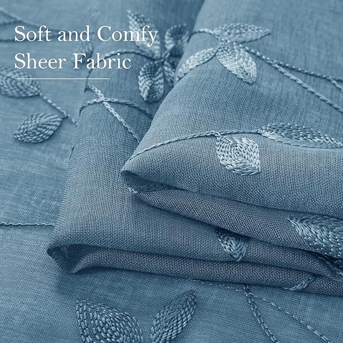 HOMEIDEAS Cyan Blue Sheer Curtains 52 X 84 Inches Length 2 Panels Embroidered Vine Floral Pattern Pocket Faux Linen Semi Sheer Voile Window Drapes for Bedroom Living Room