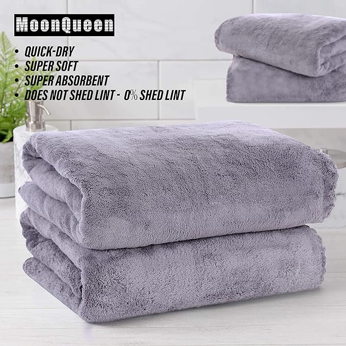 MOONQUEEN 2 Pack Premium Bath Towel Set - Quick Drying - Microfiber Coral Velvet Highly Absorbent Towels - Multipurpose Use as Bath Fitness, Bathroom, Shower, Sports, Yoga Towel (Grey)