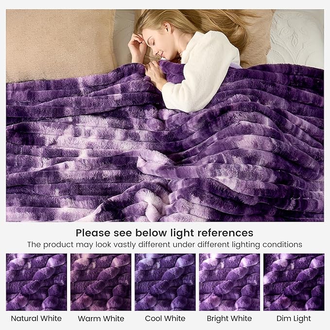 Cozy Bliss Faux Fur Throw Blanket for Couch, Cozy Warm Plush Striped Blanket for Sofa Bedroom Living Room, 50 * 60 Inches Tie-dye Purple