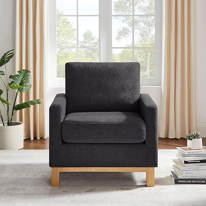 VANOMi Accent Chair 29.5" Reading Chair, Modern Living Room Chair with Thick Cushion&Wood Base, Comfy Upholstered Boucle Armchair, Single Sofa for Bedroom, Office, Dark Gray