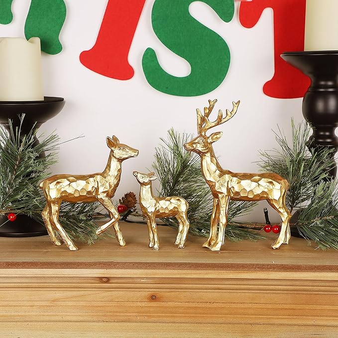 Lulu Home 3 PCS Christmas Tabletop Decorations, Resin Golden Reindeer Family Figurines with Diverse Postures, Xmas Holiday Winter Centerpieces Ornaments for Mantel Shelf Sill Home Office Decor