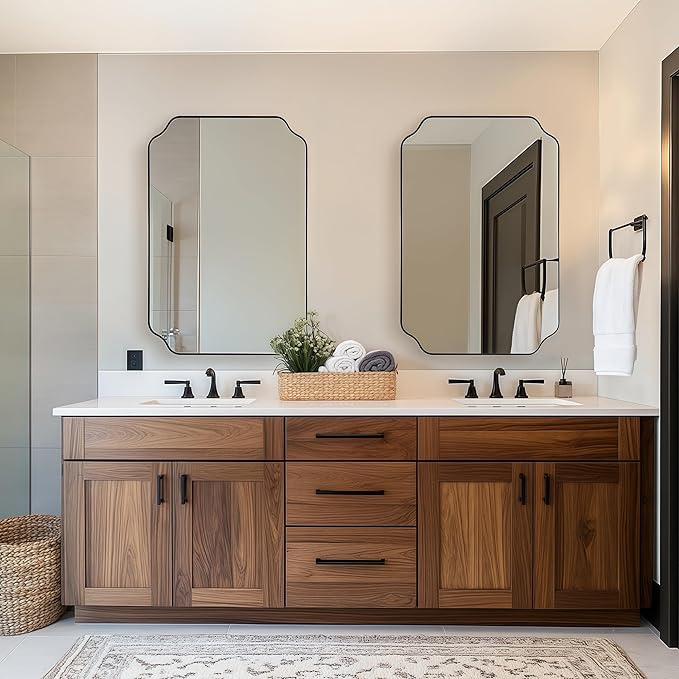 Black Bathroom Mirrors for Wall, 24x36 Inch Black Scalloped Rectangle Mirror with Rounded Notched Corner in Stainless Steel Frame Wall Mounted Vertical or Horizontal Ideal for Home Decor