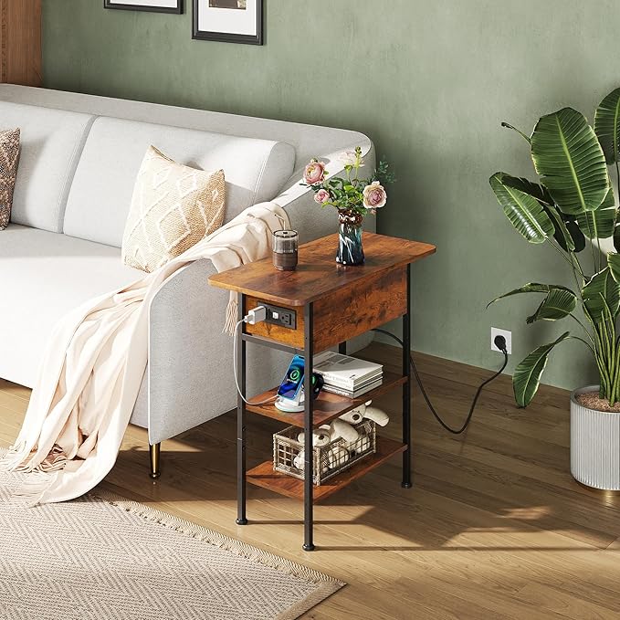 WLIVE End Table with Charging Station, Flip Top Side Table with Storage Shelf, Sofa Couch Table with USB Ports and Outlets, Narrow Bedside Table for Living Room, Bedroom ,11.81"D x 23.62"W x 24.33"H