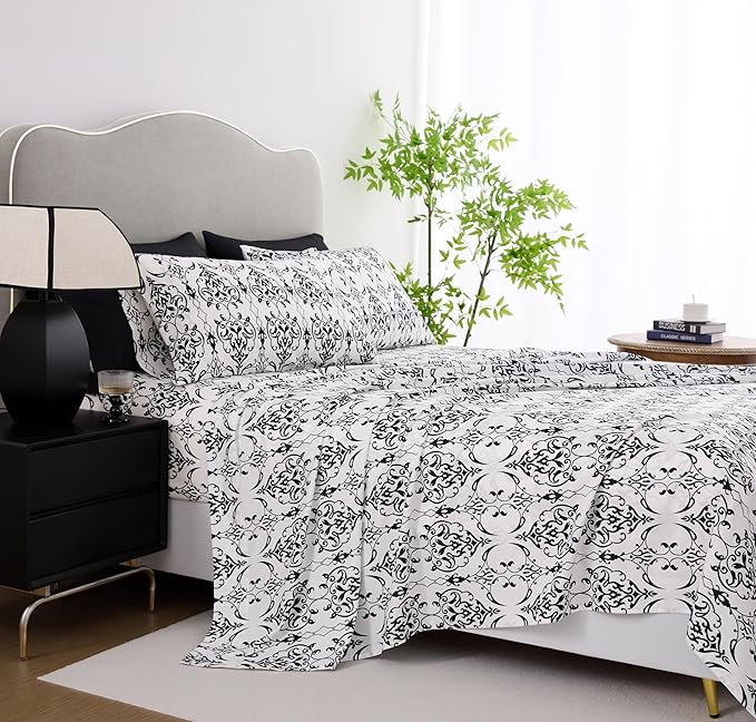 Twin Size Bed Sheets Set Deep Pockets - 6PC Floral & Swirl Ultra Soft Microfiber Bed Sheets - Easy to Clean, 90 Thread Count Sheets with Fitted Sheet, Flat Sheet & Pillowcases (Black/White Scroll)