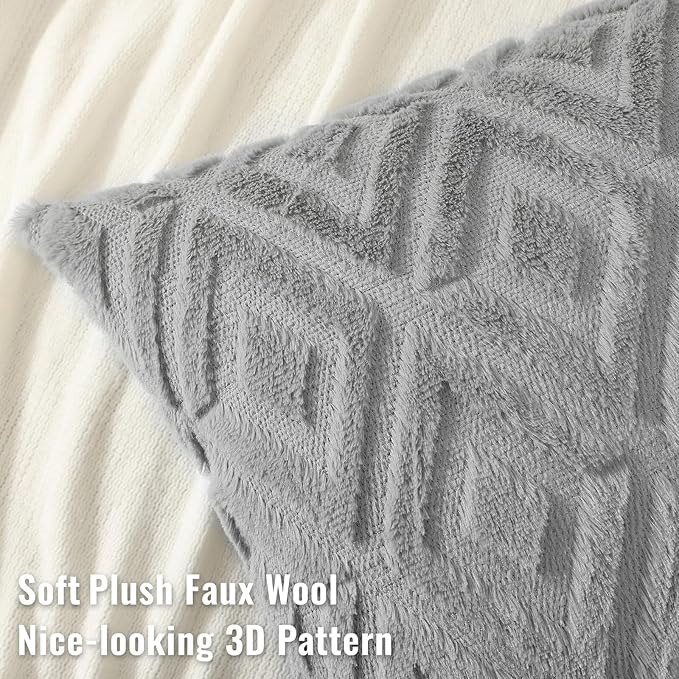 decorUhome Couch Throw Pillow Covers 16x16 Set of 2, Decorative Soft Plush Faux Wool Neutral Accent Pillow Covers for Bed Sofa Living Room, Grey