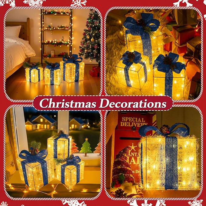 Christmas Decorations, Set of 3 Christmas Lighted Gift Boxes, Pre-lit 60 LED Light Up Present Boxes Warm White Xmas Ornaments for Indoor Outdoor Yard Lawn Home Decor (Blue Bow)