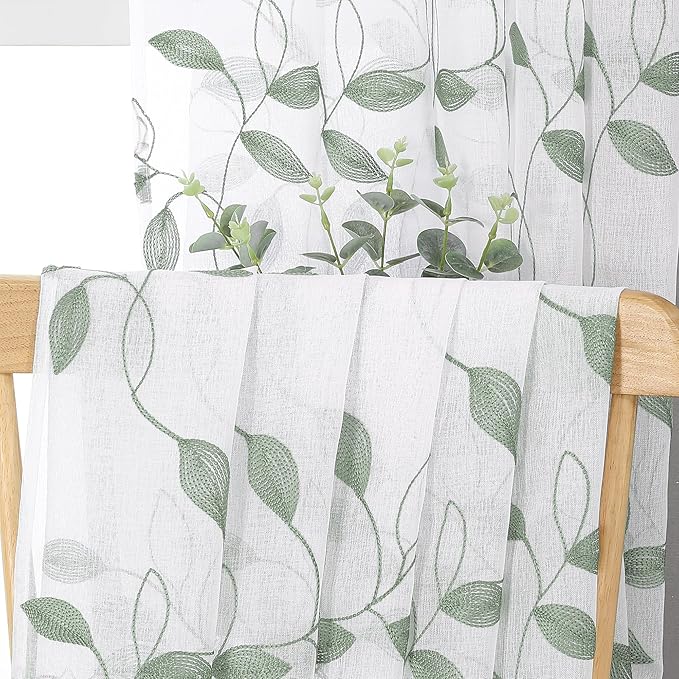 Tollpiz Sage Green Leaf Sheer Curtain Leaves Embroidered Living Room Short Curtains Rod Pocket Voile Window Treatment for Bedroom, 54 x 54 inches Long, Set of 2 Panels