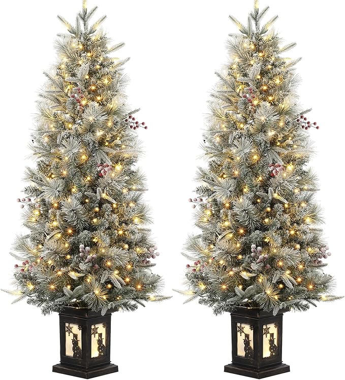GarveeHome 4.5ft Pre-Lit Flocked Artificial Christmas Tree with Pine Cones, Artificial Xmas Tree w/ 386 Branch Tips & 200 Lights, Snowman Base for Home, Party Decoration,2 PCS