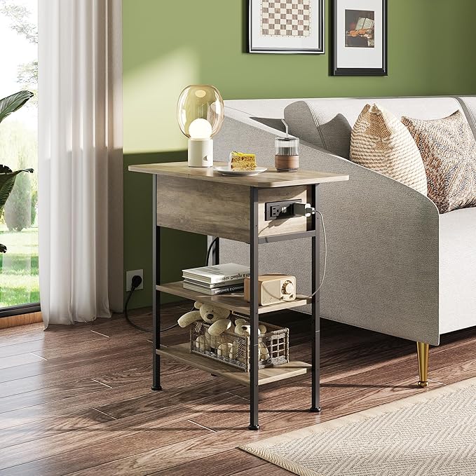 WLIVE End Table with Charging Station, Flip Top Side Table with Storage Shelf, Sofa Couch Table with USB Ports and Outlets, Narrow Bedside Table for Living Room, Bedroom ,11.81"D x 23.62"W x 24.33"H
