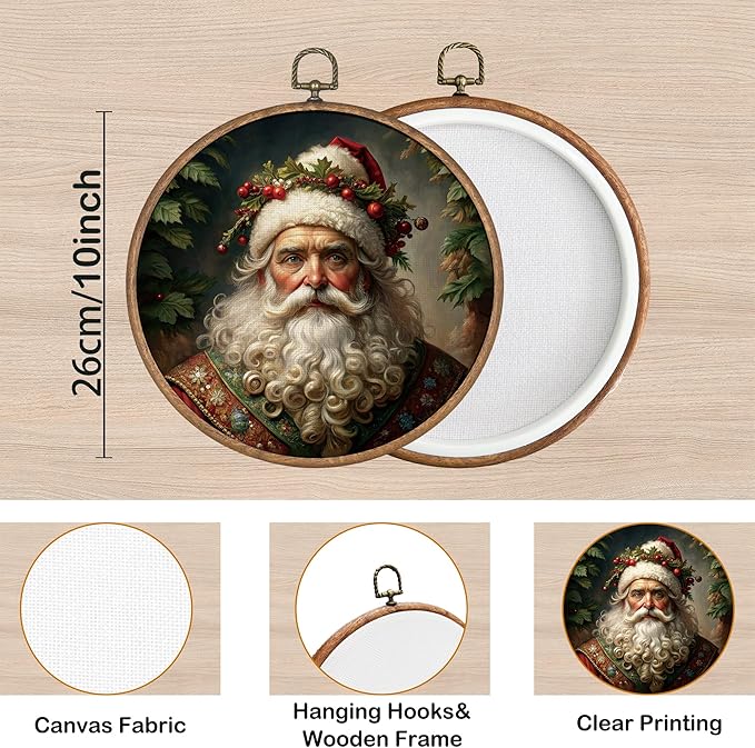 KSDUT Vintage Christmas Wall Decor Art - Retro Santa Claus Wall Art Canvas Frame Hanging Prints, Merry Christmas Xmas Holiday Round Wall Art Decor for Farmhouse Home Decorations 10"x10"