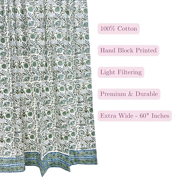 ATOSII 100% Cotton Single Panel Block Print Curtain, Easy Hanging with Rod Pocket & Loop, Living Room, Dining Room, Bedroom Light Filtering Boho Curtains, Set of 1, 60" W X 96" L, Clover Blue