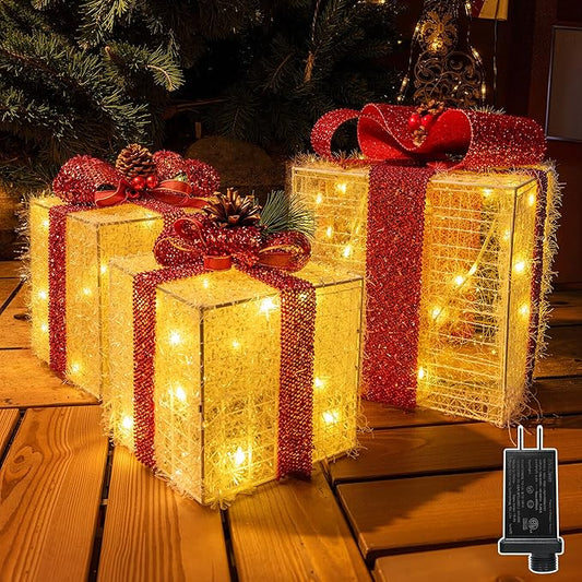 Christmas Decorations Set of 3 Christmas Lighted Gift Boxes, Pre-lit 60 LED Warm White Lights, Ornament Present Boxes Lights for Holiday, Indoor, Yard, Home, Lawn Decor (Red Bows)