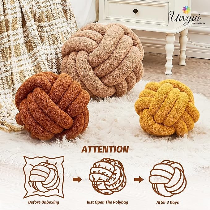 Uvvyui Knot Pillow Ball, Soft Home Decorative Pillows, Round Throw Pillow, Handmade Knotted Plush Pillow, Round Boucle Pillow Cushion (8.6 Inches Caramel)