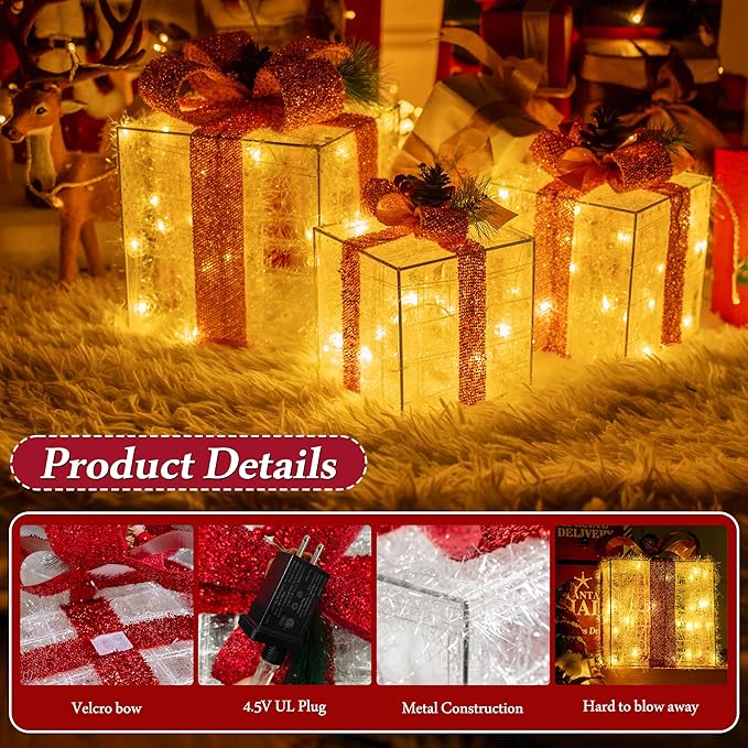 Christmas Decorations Set of 3 Christmas Lighted Gift Boxes, Pre-lit 60 LED Warm White Lights, Ornament Present Boxes Lights for Holiday, Indoor, Yard, Home, Lawn Decor (Red Bows)